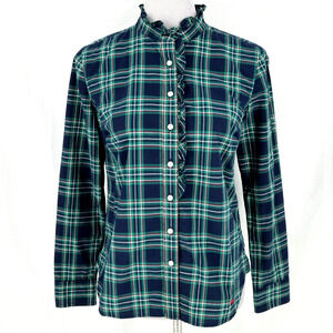 Talbots Top Petites 6P Green Blue Plaid Blouse Ruffle Trim Cotton Shirt Preppy